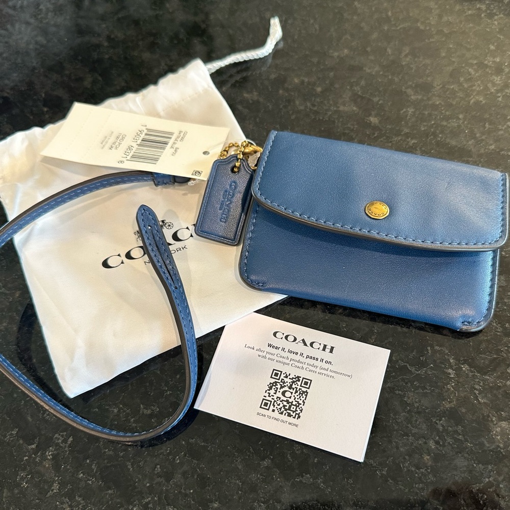 Coach Navy Leather Card Pouch with Gold Accent